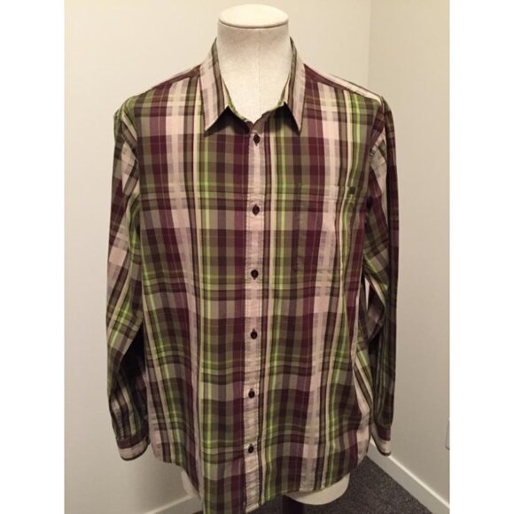 PRANA Long Sleeve Organic Cotton Shirt Mens Size XL Green Brown Plaid - Picture 1 of 5